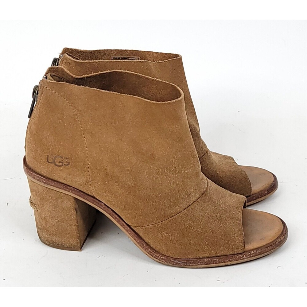 UGG Bootie Womens 7 Suede Ginger Chestnut Peep Toe Ankle Block Heel Boots - Picture 5 of 14